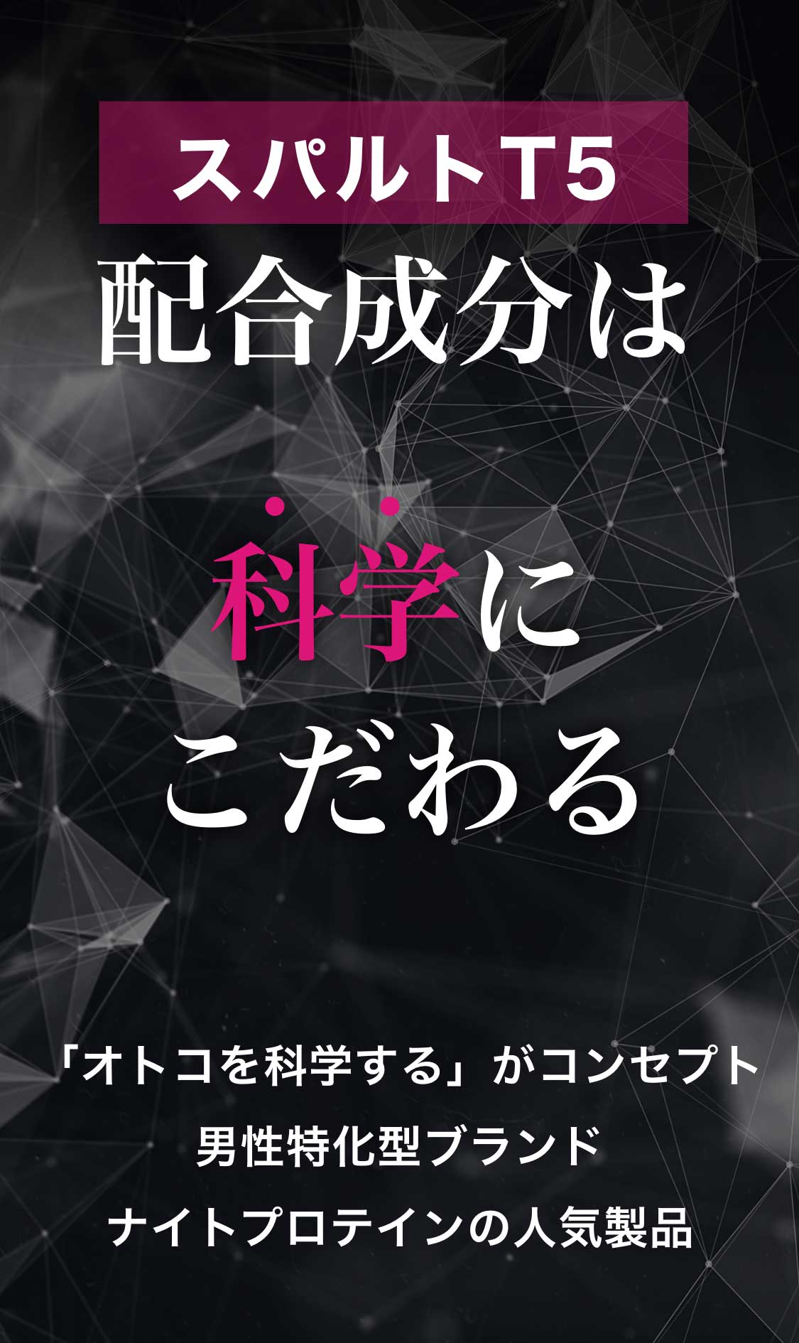 スパルトT5の配合成分は「科学」にこだわる。「オトコを科学する」がコンセプト。男性特化型ブランド。ナイトプロテインの人気製品。