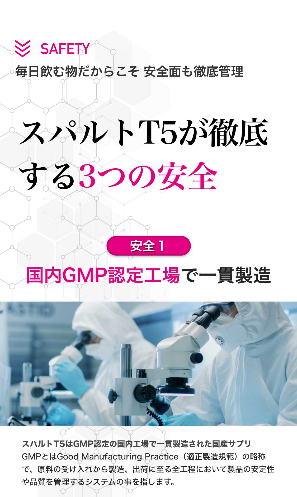 国内GMP認定工場で一貫製造。製品の安定性や品質を管理するシステムをGMPと呼び、スパルトT5はGMP認定の国内工場で一貫製造された国産サプリ。