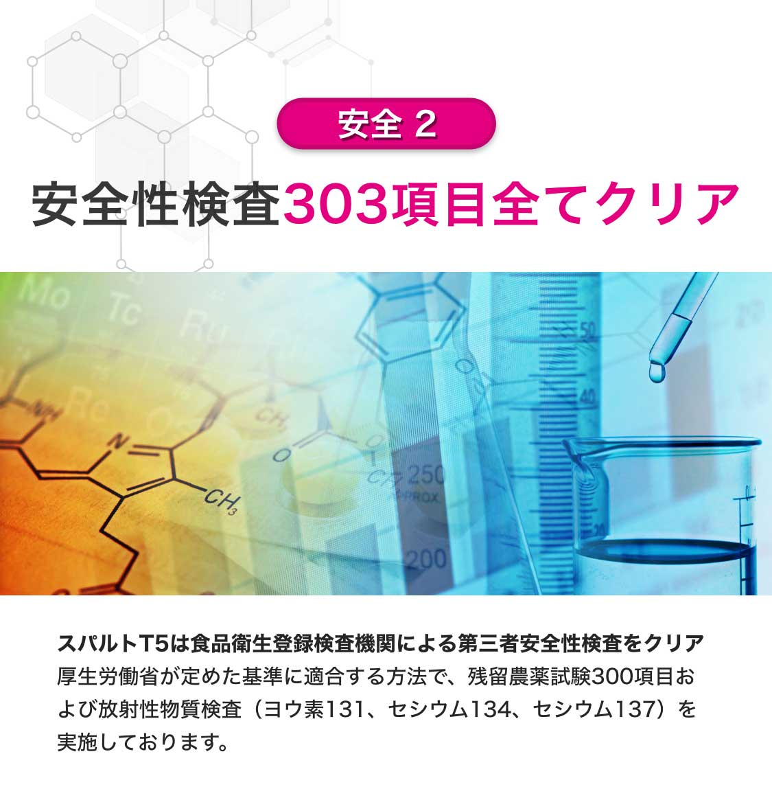 スパルトT5は厚生労働省が定めた基準に適合する方法で実施した安全性検査303項目を全てクリアしています。