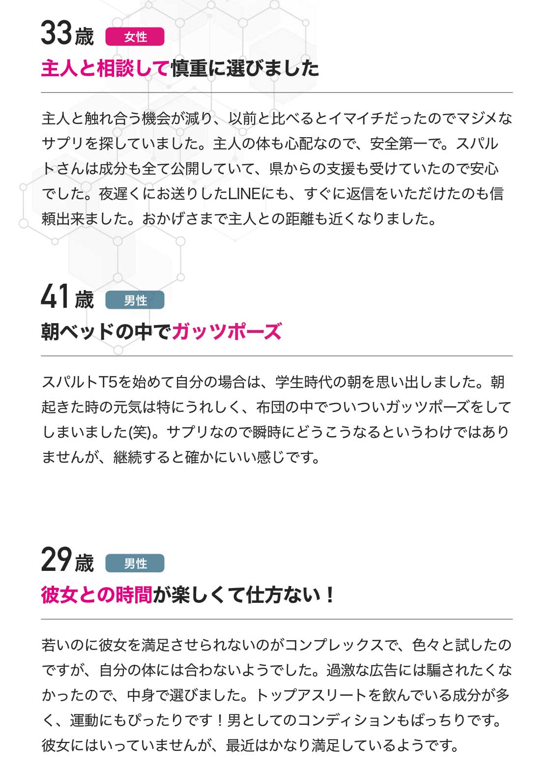 主人と触れ合う機会が減ったので、安全第一で主人と相談して慎重に選んだところ、主人との距離も近くなりました。朝ベッドの中でガッツポーズ。継続すると確かにいい感じです。